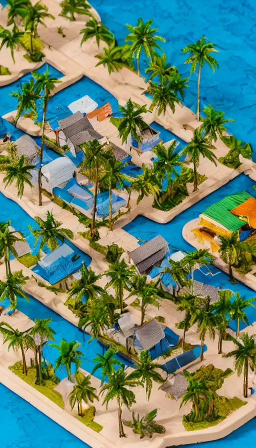 Image similar to fishing village, palm trees, stormy water, isometric view, tilt shift, highly detailed, hyper realistic, 1 0 0 mm
