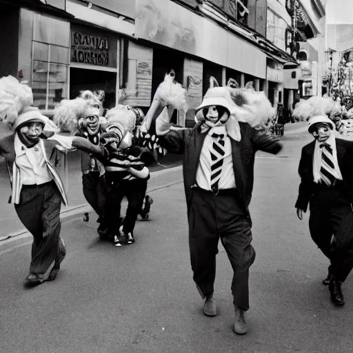 Prompt: gang of 1950s clowns protesting in the streets, shot on point and shoot camera