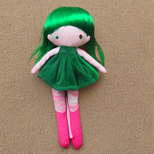 Prompt: a cute plush doll of a girl with green fire hair