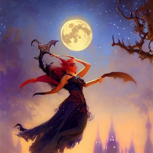 Image similar to attractive witch magically flying trough the night, fantasy, full moon in background. highly detailed painting by gaston bussiere, craig mullins, j. c. leyendecker 8 k