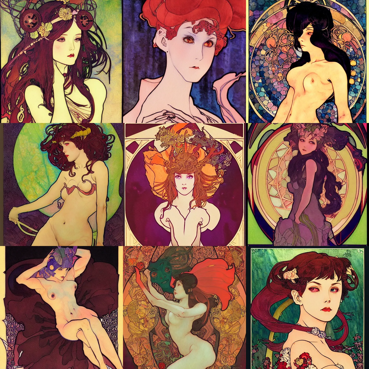 Prompt: a succubus. beautiful, realistic painting by mucha and kuvshinov and bilibin and malevich. synthwave watercolor, thick lining, manga, soviet realism