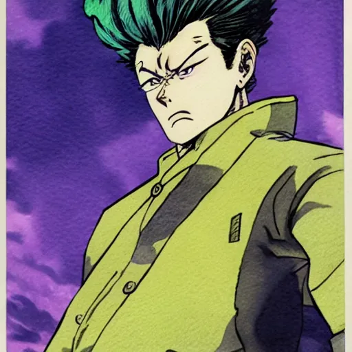 Image similar to young boy angry with pompadour hair, art by katsuhiro otomo, tetsuo hara, hirohiko araki, jotaro kujo, banchou, action pose, manga cover, watercolor