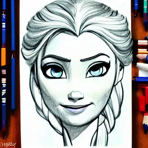 Prompt: Andrew Loomis pencil sketch of Elsa from Frozen