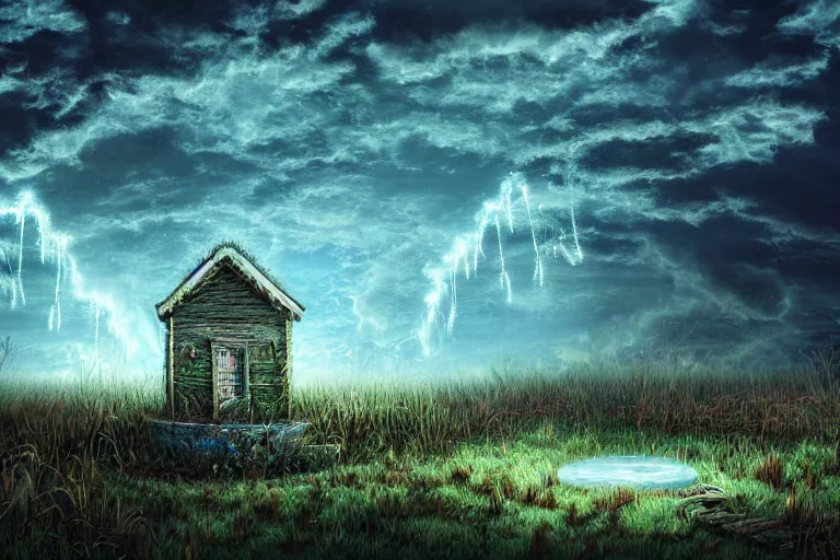 Prompt: nocturnal landscape view of an iridescent spray of clouds coming out from a water well near an old wood cottage in a desolate wasteland full of overgrown strange vegetation. detailed, soft light, sharp focus, intricate, trending artstayion, digital art