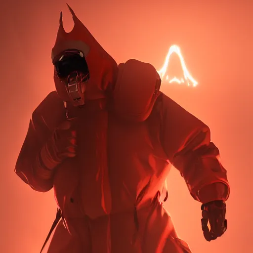 Image similar to villain wearing a red oni mask, orange hazmat suit, dark background, unreal engine 5, ultra realistic, detailed, fog, volumetric lighting, by greg rutkowski,