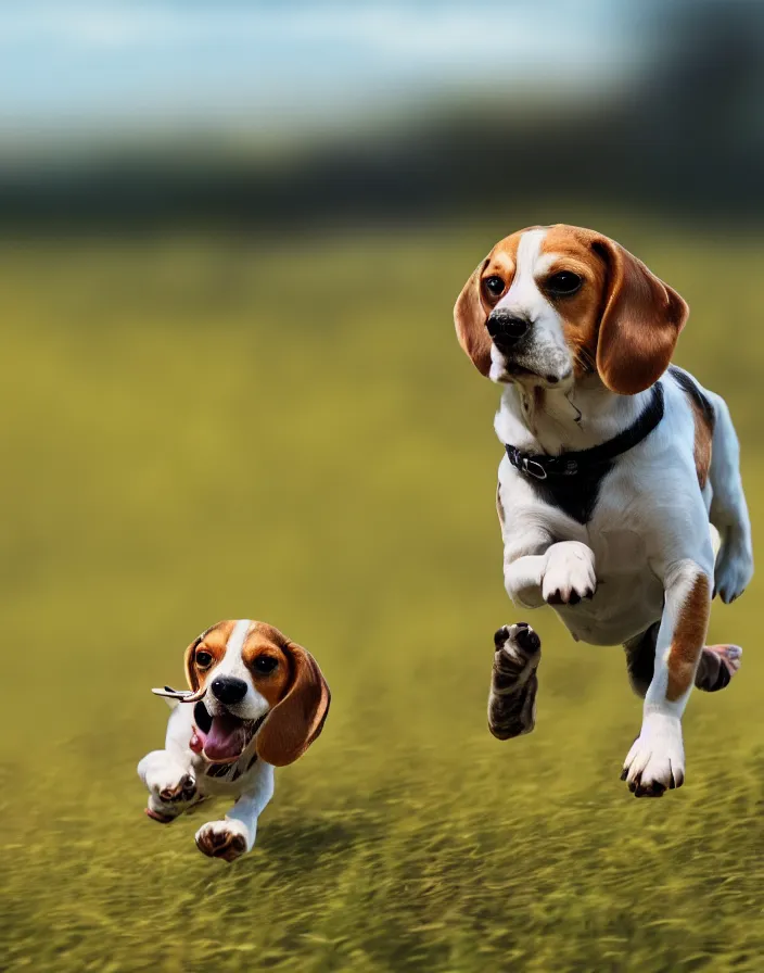 Image similar to a beagle running in a field . intricate artwork by art-station. octane render, cinematic, hyper realism, 8k, depth of field.