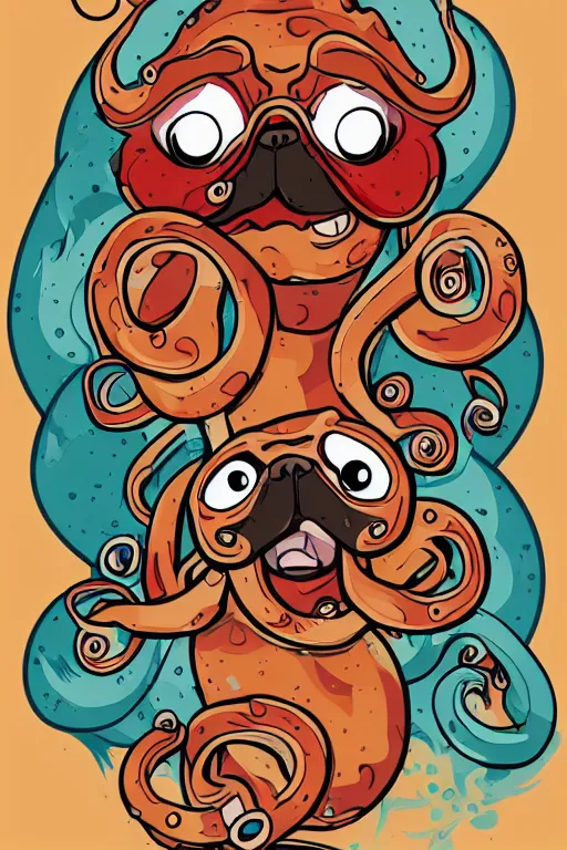 Image similar to Pug with tentacles, the devil, sticker, blood thirsty, spawn of Satan, burning in hell, blood, evil, colorful, illustration, highly detailed, simple, smooth and clean vector curves, no jagged lines, vector art, smooth