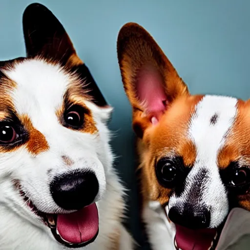 Prompt: a film still of a horror movie featuring two corgi dogs, clown faces, humanoid body, spooky, photography, award - winning, eerie, 4 k