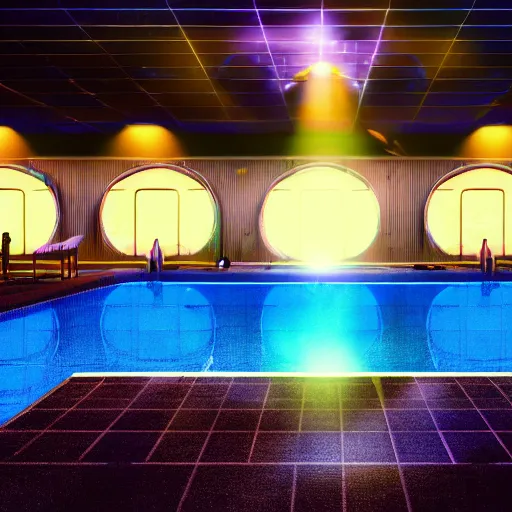 Prompt: A ray of light glimmering over a pool in a futuristic setting, cyberpunk, neon lights, pastel colours