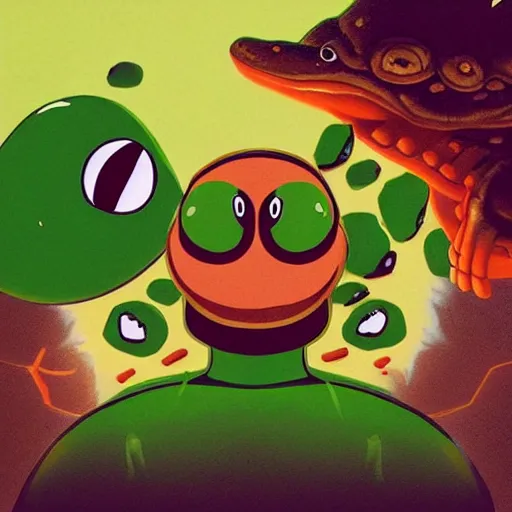 Image similar to “ a detailed portrait of the scene where captain yoshi sacrifices himself to the goomba army to save his crew of toads ”