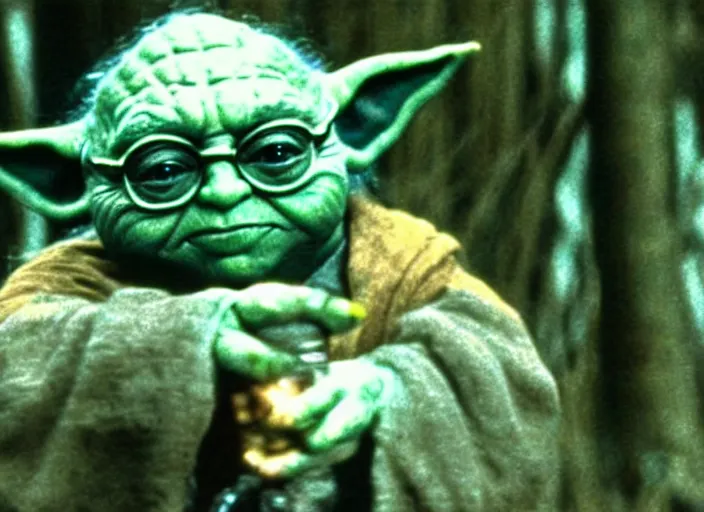 Prompt: film still of Danny Devito!!! wearing his glasses as Yoda in the swamp in The Empire Strikes Back 1980