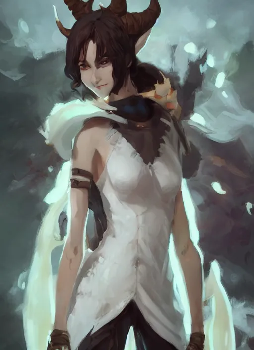 Image similar to concept art painting of a woman with brown skin and short white hair, demon horns, elf ears, full clothing, blue clothes, robes, detailed, cel shaded, in the style of ruan jia and artgerm and makoto shinkai and james gurney