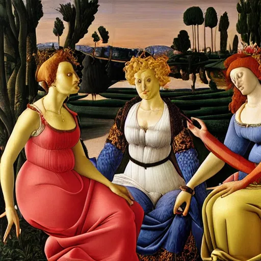 Image similar to oil painting of the Golden Girls by Botticelli, 8k high definition museum quality, beautiful, ornate, Italian renaissance, Medici,