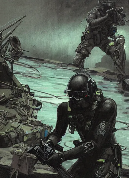 Image similar to black cat. USN blackops operator emerging from water at the shoreline. Operator wearing Futuristic cyberpunk tactical wetsuit and looking at an abandoned shipyard. Frogtrooper. rb6s, MGS, and splinter cell Concept art by James Gurney, Alphonso Mucha. Vivid color scheme.