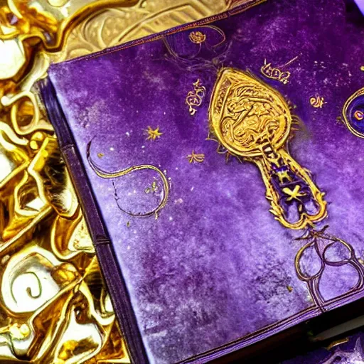 Prompt: a purple spell book with ornate filagree of imbued metal and gold sitting on top of a cloud with a space background