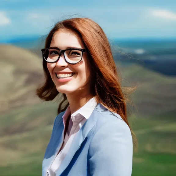 Prompt: portrait of 2 5 - year - old business woman with angle 1 0 0 ° centred looking away breading fresh air, strong spirit and look happy, background soft blue gradian