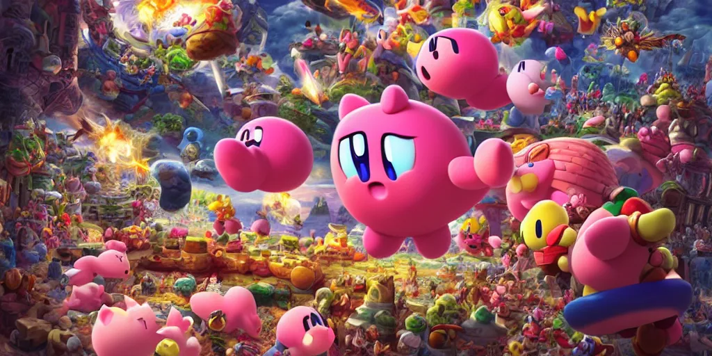 Image similar to kirby eating the source of capitalism, realistic 4 k octane beautifully detailed render, 4 k post - processing, highly detailed, intricate complexity, epic composition, magical atmosphere, cinematic lighting, masterpiece, ultra hd