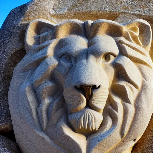 Prompt: stone sculpture of lion, white stone marbled, sun light, god rays, 4 k, high detail, photo real