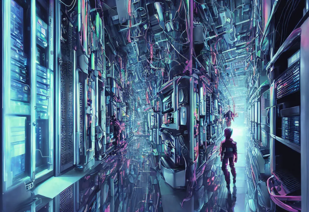 Image similar to art by by yoichi hatakenaka, cyberpunk art by asher brown durand, shot of film cyborg walking in server room in data center, character design, vivid color, extreamly detailed, complementary color, detailed, high quality, correct composision, trending on artstation, volumetric lighting, dramatic lighting