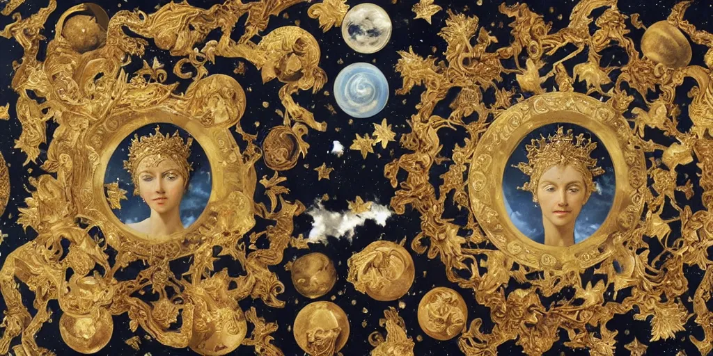 Prompt: MARBLE, intricate, majestic, baroque ,sistina, saint Woman, Venus godness Athena, beautiful, gracious, pagans, marble and gold, space, stars, clouds, sun, greeks, coerent face, fruits, bioluminescent skin, Sky, Skies, bees, pomegranade, by annie leibovitz