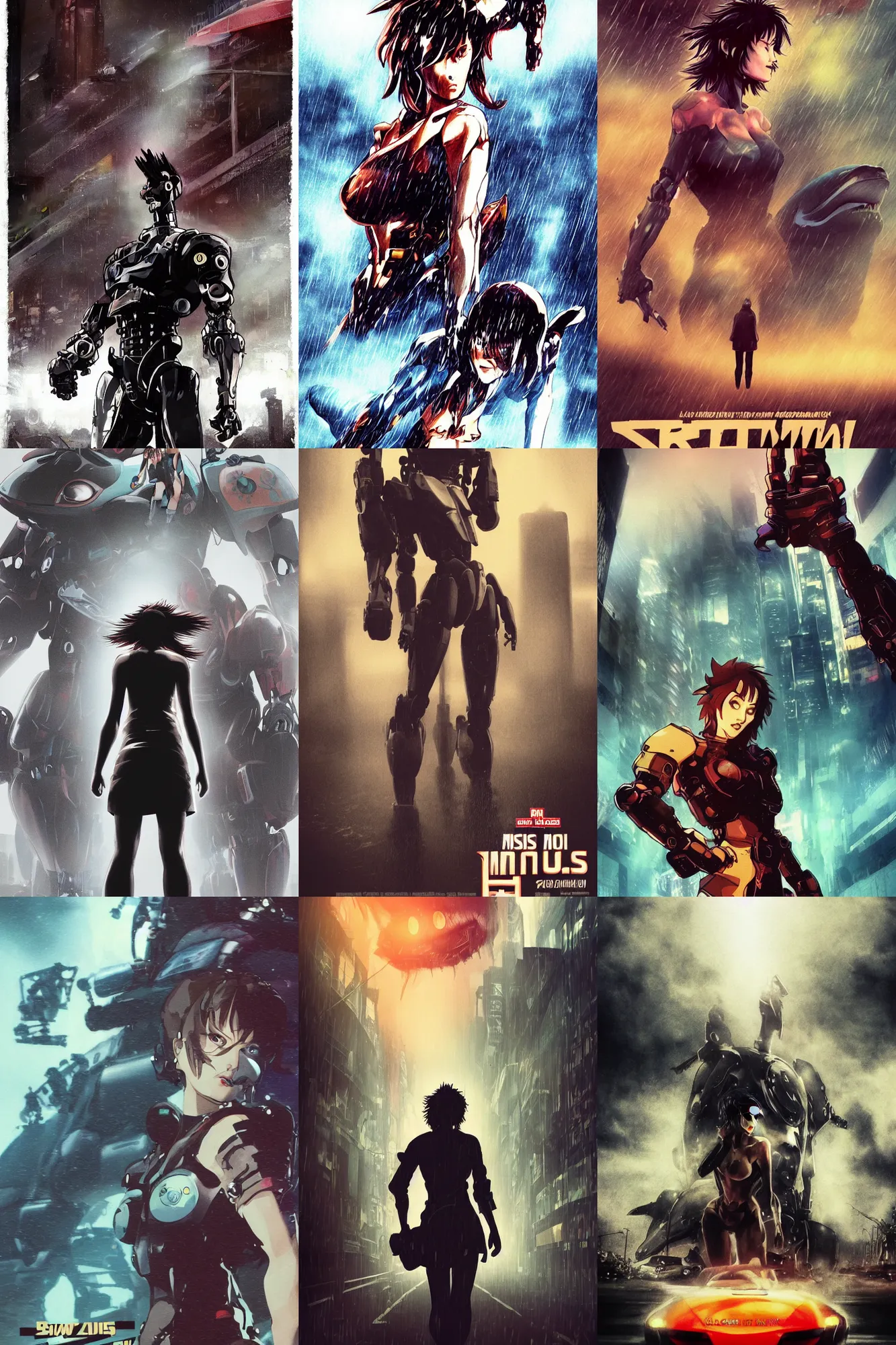 Prompt: incredible drew strewzan movie poster, fish eye lens, curvilinear perspective, yoji shinkawa, kastuhiro otomo, giant broken robot limbs in the fog, foggy heavy rain, downpour, movie scene close up emotional miss Kusanagi face, short bob hair, wet highway chase, foggy lights, brown mud, dust, giant whale tank with legs, robot arm, emotional face shot ,light rain, glowing atari sign, japanese advertisements on buildings, hd, 4k, remaster, dynamic camera angle, deep 3 point perspective, fish eye, dynamic scene