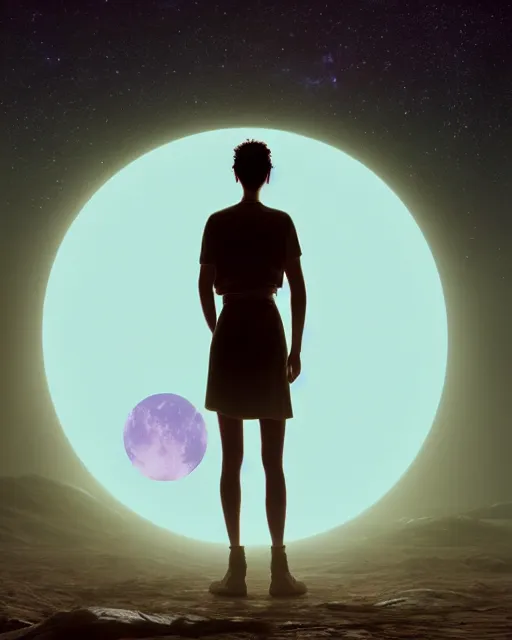 Image similar to a person standing in front of a glowy open door that's on a barren moon, poster art by mike winkelmann, trending on cg society, space art, sci - fi, ue 5, futuristic, volumetric lighting