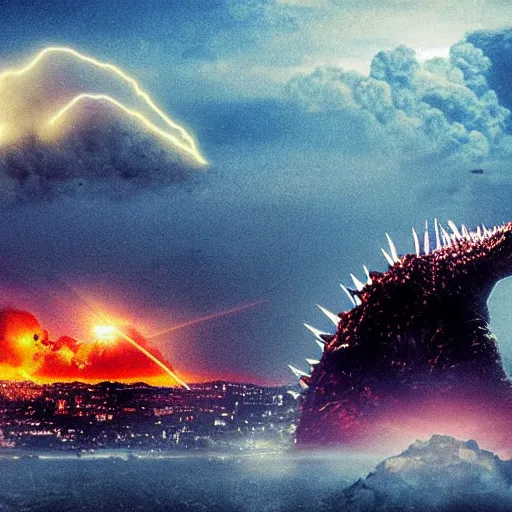 Prompt: meteor colliding with tokyo with godzilla watching