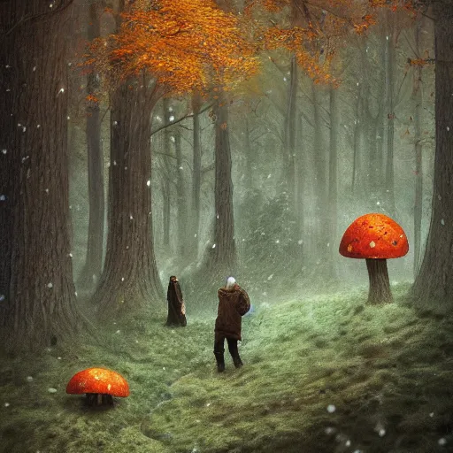 Prompt: an old broken hut mage of huge mushrooms, snow in an autumn forest, animals, green and brown tones, by Aron Wiesenfeld and beksincki, in the style Bev dolittle, cinematic, detailed illustration, nature, fog, dark colors, suspense, intricate, 8k in the style