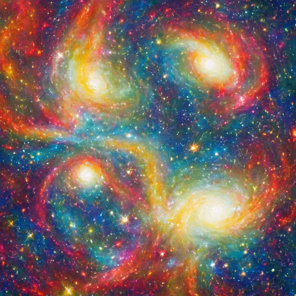 Prompt: a beautiful painting of two distant galaxies colliding