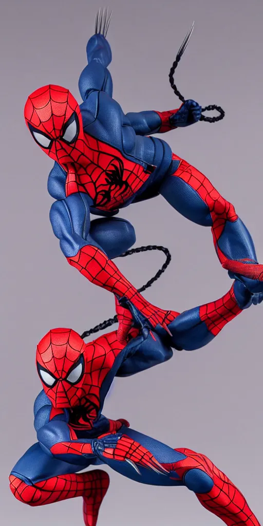 Prompt: wolverine::Spider-man, vinyl toy figurine, 4k, top down lighting, denoise