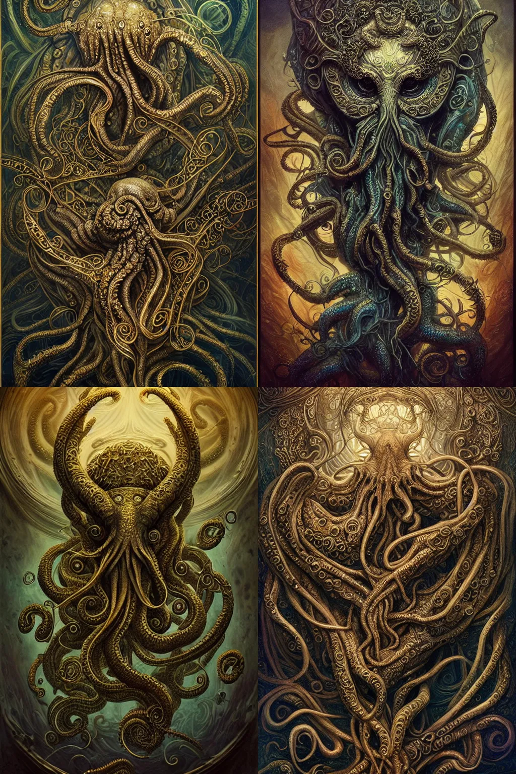 Prompt: a beautiful rendition of Atlantean cthulhu, insanely detailed and intricate, golden ratio, hypermaximalist, elegant, ornate, luxury, elite, horror, creepy, ominous, haunting, matte painting, cinematic, cgsociety, James jean, Brian froud, ross tran