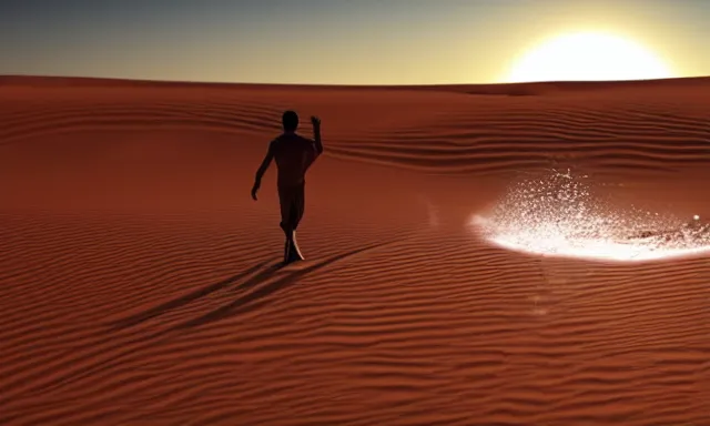 Image similar to a man made of water walking in the sahara, photorealistic, cinematic lighting, 8 k, extremely detailed