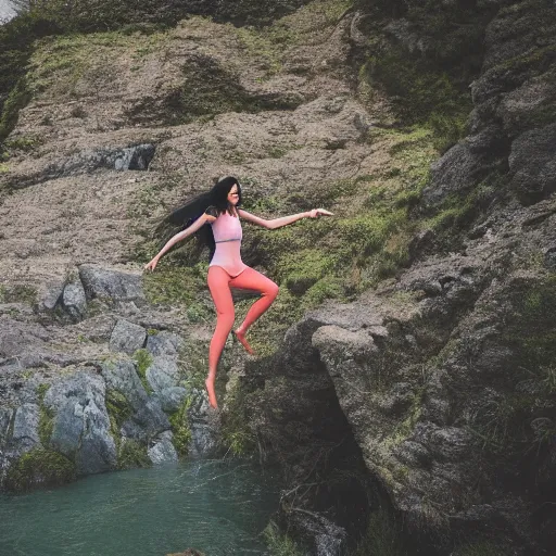 Prompt: woman stepping off a cliff onto a stepping stone in mid-air, photorealistic, 4k by Elsa Bleda