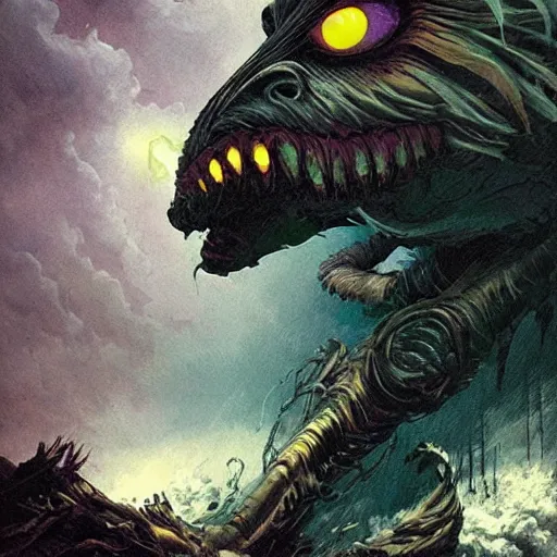 Image similar to creature made of wind / tornado with bright glowing eyes, fluid, smooth, crazy, high contrast, sharpness, dramatic, by greg rutkowski and siudmak and richard corben and moebius