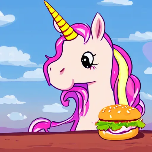 Prompt: a pretty pink unicorn character eating a little hamburger on the ground in a field | digital art | cell shading | very high quality | very detailed | totally awesome | very cute | horselike | eating a little hamburger | very beautiful