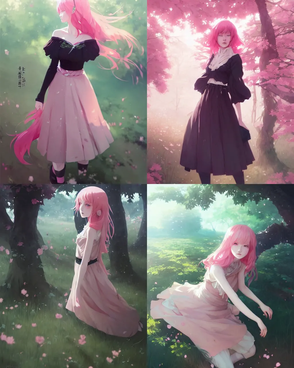 Prompt: a girl with pink hair and black skirt in the flowering woods, a beautiful half body illustration, top lighting, perfect shadow, soft painting, reduce saturation, leaning towards watercolor, art by hidari and krenz cushart and wenjun lin