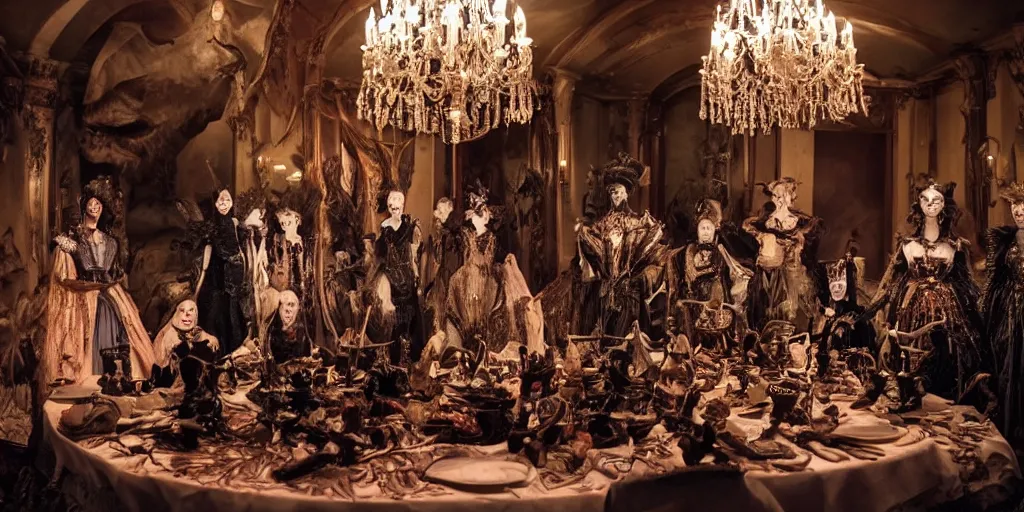 Image similar to photo taken of an epic intricate, ultra detailed, super realistic stop motion puppets of a majestic gracious regal aristocratic vampires in an indoor banquet hall filmset created by weta workshop directed by tim burton, menacing, wide angle, moody full body shot, photorealistic, sharp focus, gloomy, extremely cold blueish colour temperature, 3 5 mm, f 1. 4