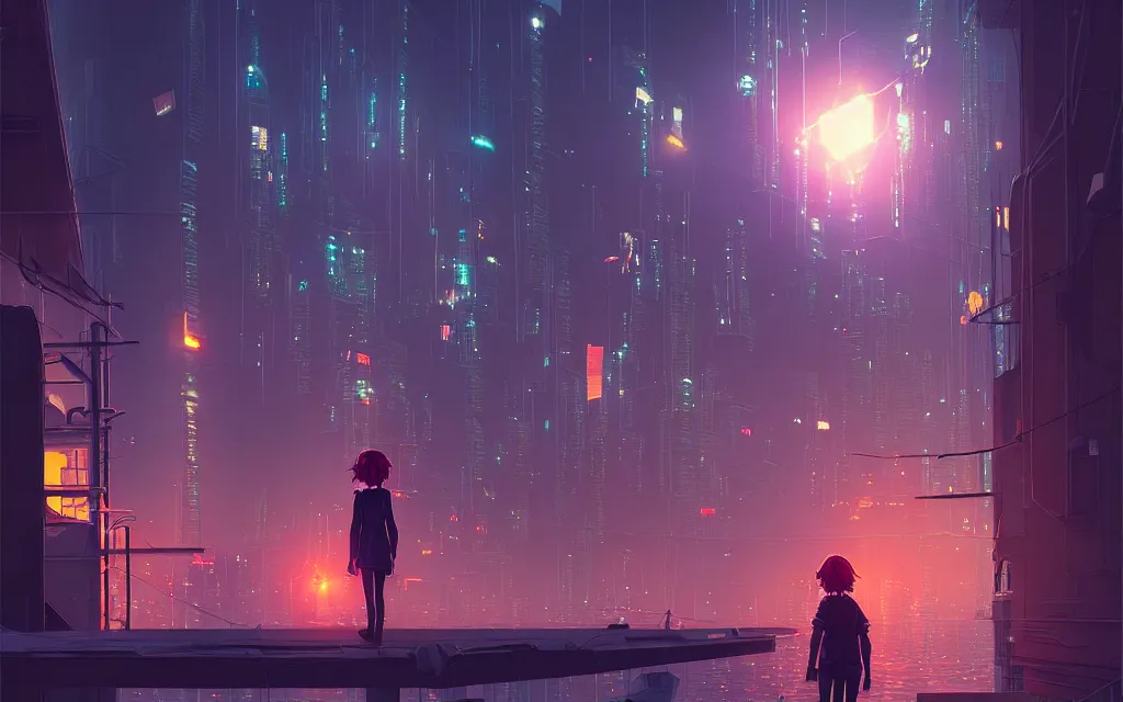 Image similar to girl staring at a meteorite hitting a floating cyberpunk city at night by wlop, low poly art, ultra detailed color art, high detail, digital art