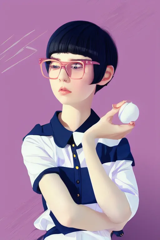 Prompt: a cute girl with shoulder - length white short hair wearing school uniform, mauve background, white hair, dark blue clothes double ball head, sharp focus, pure background color, illustration, morandi color scheme, art station, by ilya kuvshinov