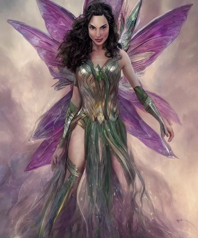 Prompt: Gal Gadot as a fairy faerie, beautiful face, fantasy concept art by J.Dickenson