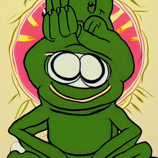 Image similar to a meditating pepe the frog by matt furie