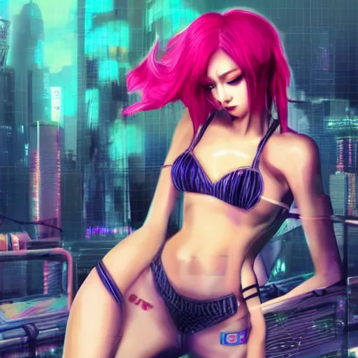 Prompt: cyberpunk k - pop idol in bikini, grunge, dystopia, hyper realism, vivid