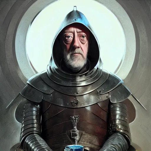 Prompt: Beautiful stunning Portrait face of Alec Guinness Knight seated at a round table by Greg Rutkowski. He is Alec Guinness themed like an Arthurian Knight by Mark Arian. He is wearing medieval armor by H.R. Giger. soft render, octane, highly detailed painting by Moebius. artstation Blank Canvas Scene by Tetsuya Nomura.