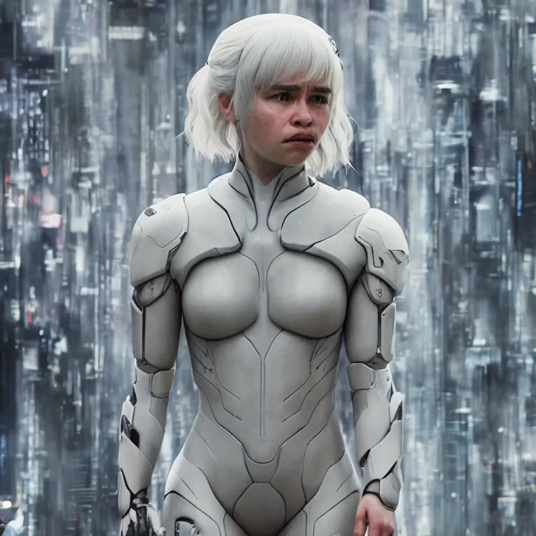 Image similar to scifi emilia clarke looks like ghost in the shell, extremely high detail, photorealism, sony a 7 r