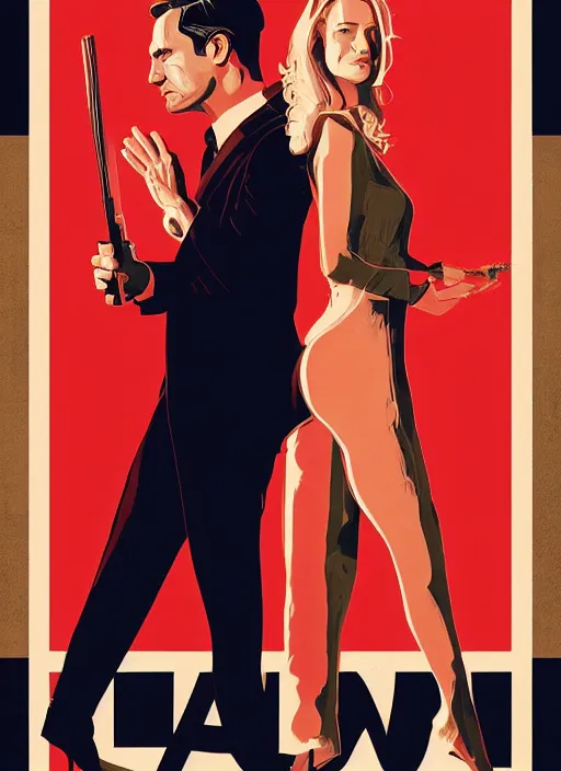 Image similar to poster artwork by Michael Whelan and Tomer Hanuka, Karol Bak of Naomi Watts & Jon Hamm husband & wife portrait, in the pose of The Graduate poster, from scene from Twin Peaks, clean, simple illustration, nostalgic, domestic, full of details