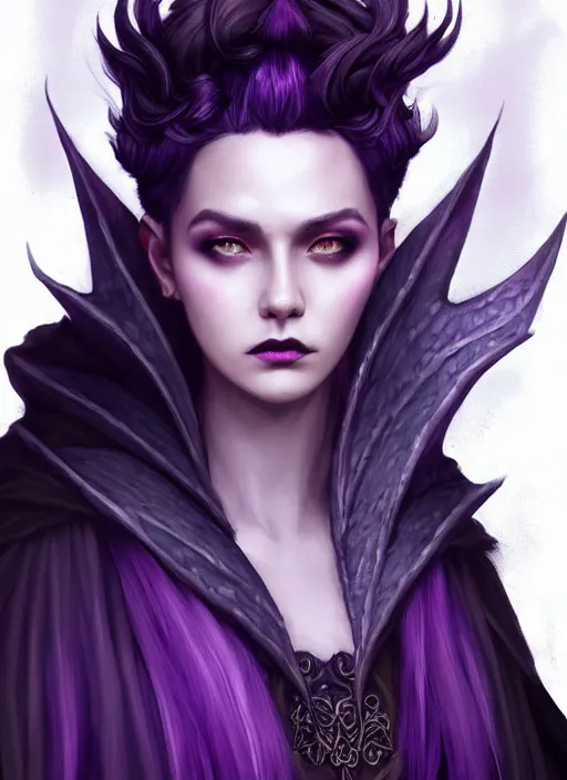 Image similar to side portrait dark witch, adventurer outfit large cloak, fantasy forest landscape, dragon scales, fantasy magic, undercut hairstyle, short purple black fade hair, dark light night, intricate, elegant, sharp focus, illustration, highly detailed, digital painting, concept art, matte, art by wlop and artgerm and ivan shishkin and andrey shishkin, masterpiece