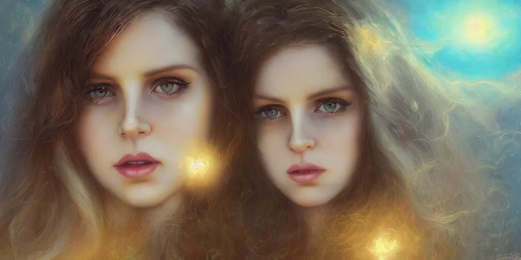 Image similar to big-eyed Lana Del Rey staring into the camera, sundown misty firefly wisps, Lilia Alvarado, Sophie Anderson, Mark Arian, Bob Byerley, Charlie Bowater, Mark Brooks, Steve Henderson, Justin Gerard, Arthur Hughes, Edward Robert Hughes, Mark Keathley, Victor Nizovtsev, Carlos Shwabe, Ross Tran, WLOP