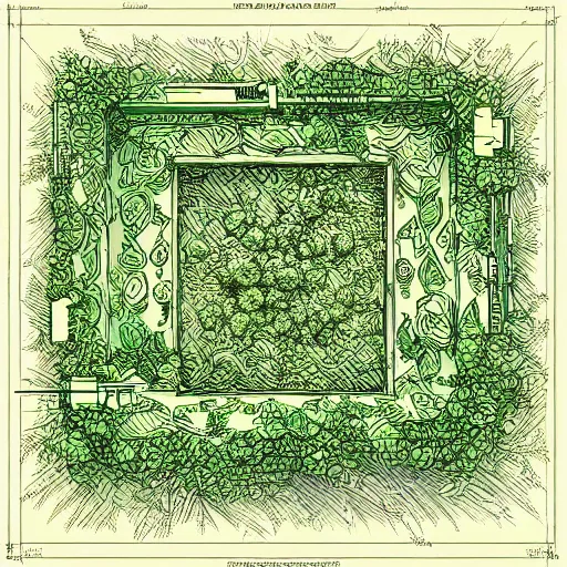 Prompt: annotated highly, detailed and intricate, small square room full of plants, marker concept art style rendering, concept art, half blueprint, trending on artstation, intricate details, center frame, annotations, metalic green, sketch