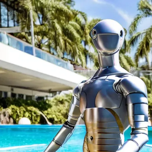 Image similar to a realistic detailed photo of a guy who is an attractive humanoid who is half robot and half humanoid, who is a male android, soccer player cristiano ronaldo, shiny skin, posing like a statue, blank stare, by the pool, on display, showing off his muscles, humanoid robot, gold soccer shorts