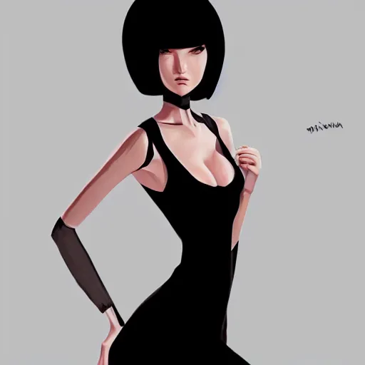 Image similar to slim killer girl in tuxedo with black bob hair, elegant, 2d, ultra highly detailed, digital painting, smooth, sharp focus, artstation, art by Ilya Kuvshinov